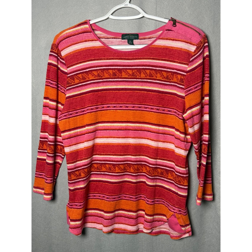 Lauren Ralph Lauren Pink Orange Striped Shoulder Zip Knit Top XL